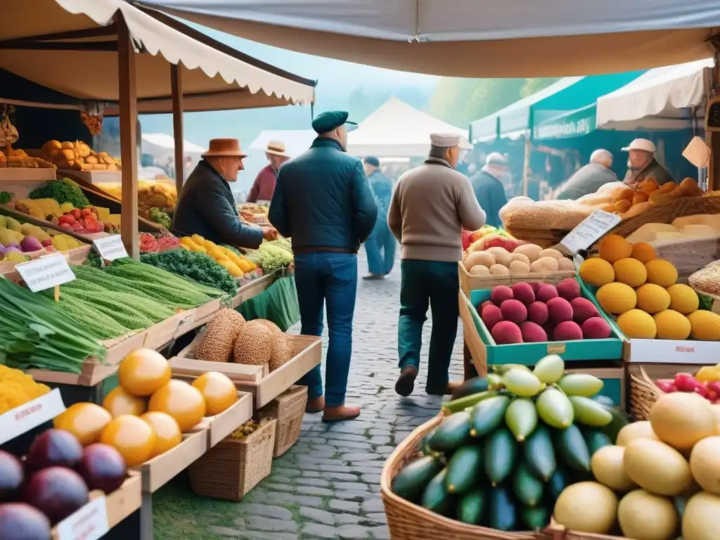 Una escena vibrante de un bullicioso mercado al aire libre en la región de Alsacia, repleto de productos coloridos y tradicionales