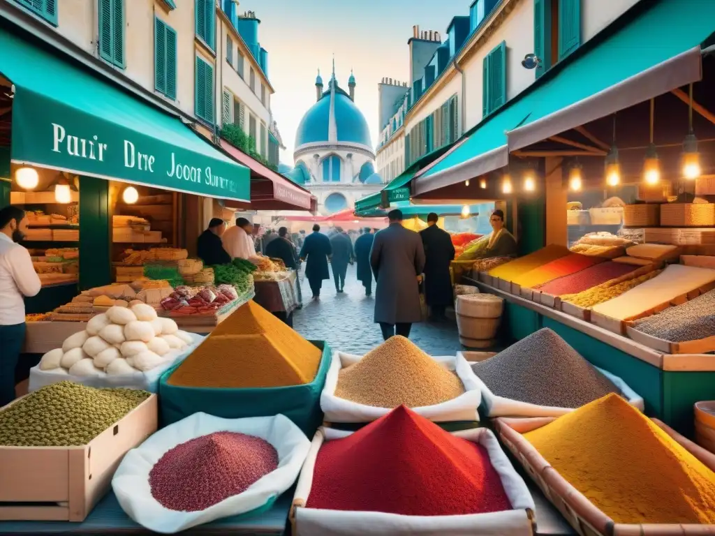 Escena vibrante de un bullicioso mercado al aire libre en París, fusionando la gastronomía francesa y árabe