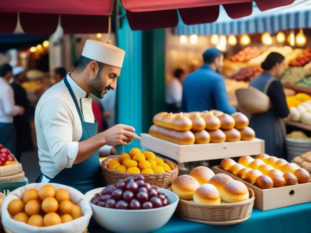 Una escena vibrante en un bullicioso mercado parisino, fusionando culturas a través de Tajines y delicias francesas