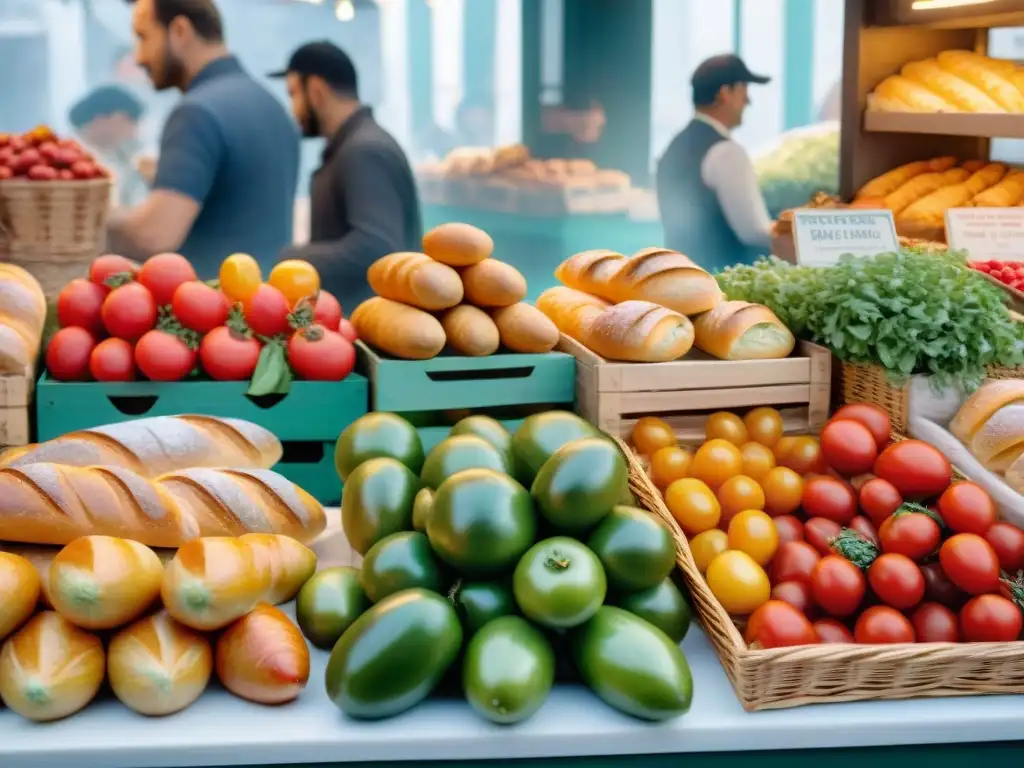 Escena vibrante de un bullicioso mercado francés con productos frescos y locales