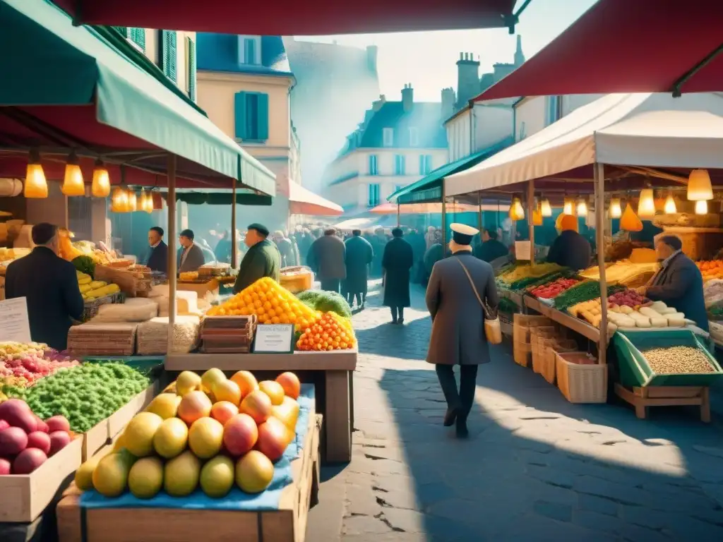 Escena vibrante de un bullicioso mercado francés con productos frescos