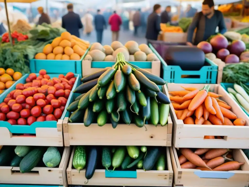 Una escena vibrante en un bullicioso mercado francés, con productos feos de la gastronomía francesa