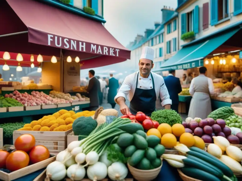 Escena vibrante de un bullicioso mercado francés fusionando tradición e innovación culinaria