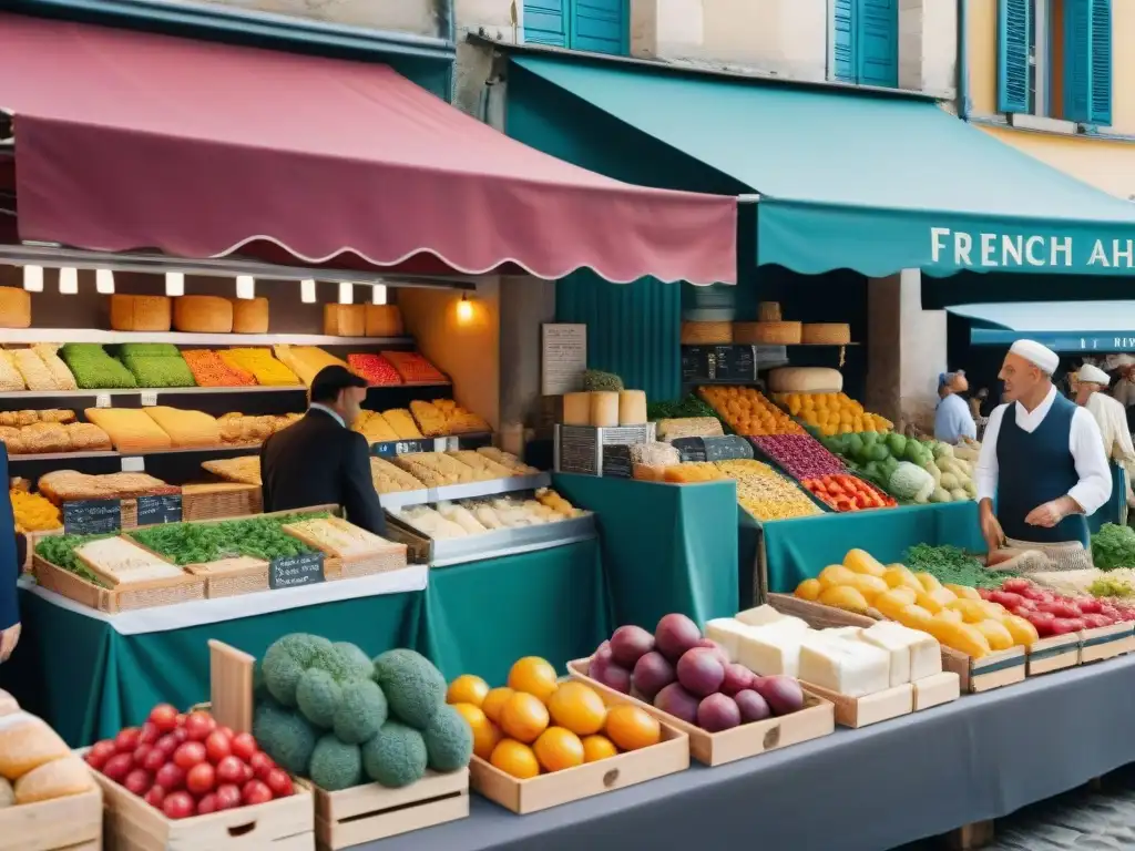 Escena vibrante de un bullicioso mercado francés, exhibiendo una variedad de productos frescos bajo toldos coloridos