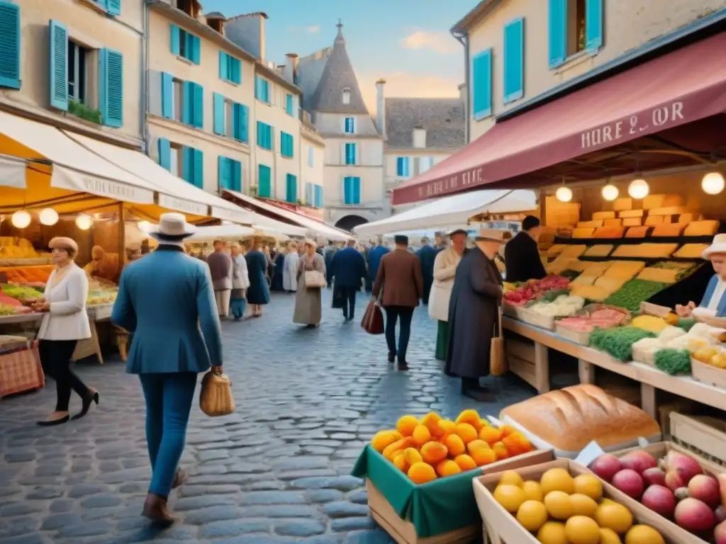 Una escena vibrante de un bullicioso mercado francés al aire libre en Provenza, lleno de puestos coloridos de alimentos frescos