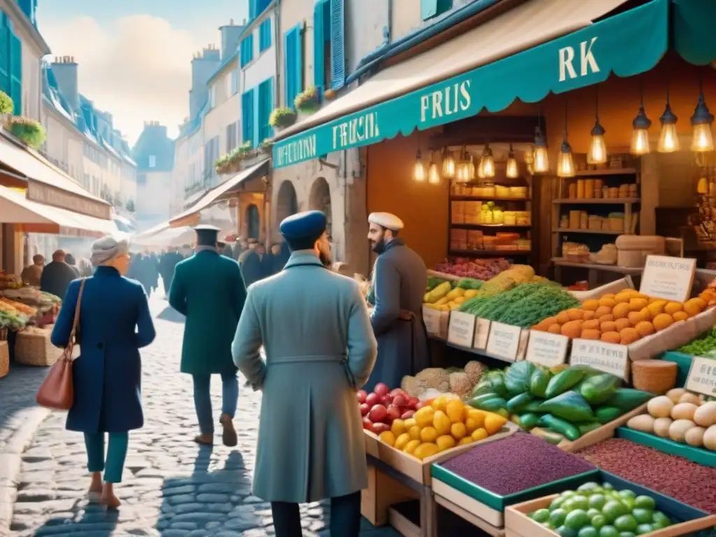 Escena vibrante de un bullicioso mercado francés, reflejando la evolución de la cocina francesa en la diversidad cultural