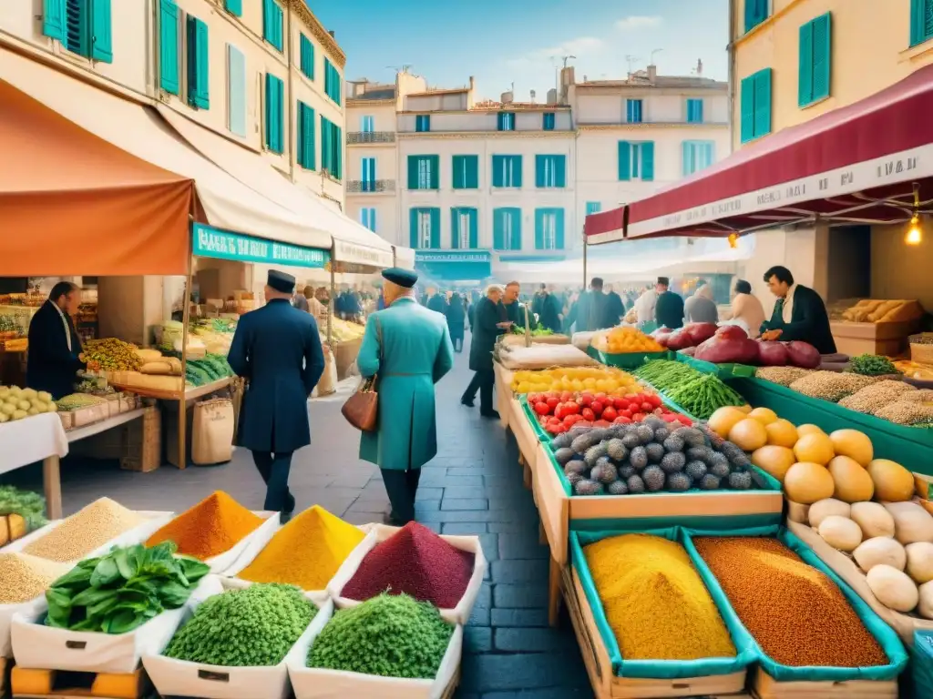 Escena vibrante de un bullicioso mercado local en Marsella, Francia, repleto de gastronomía francesa en Marsella