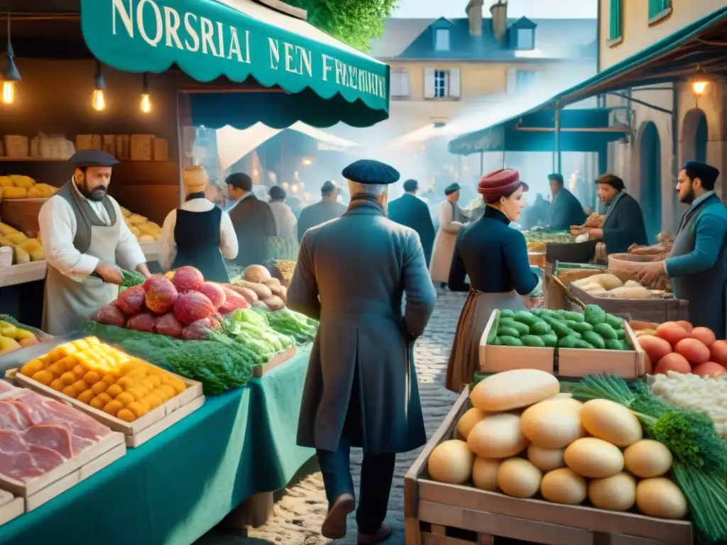 Escena vibrante del bullicioso mercado francés del siglo XIX, mostrando la transformación gastronomía francesa siglo XIX