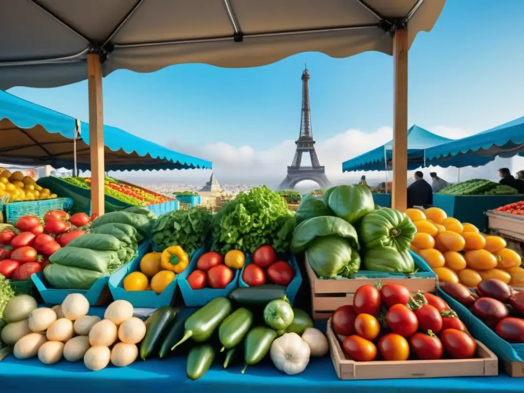 Escena vibrante de un bullicioso mercado de agricultores en Francia, colmado de vegetales orgánicos frescos