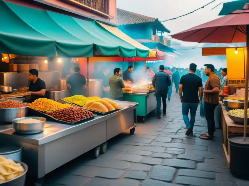 Escena vibrante de la gastronomía callejera en Guadalupe, con coloridos puestos de comida y vendedores atareados