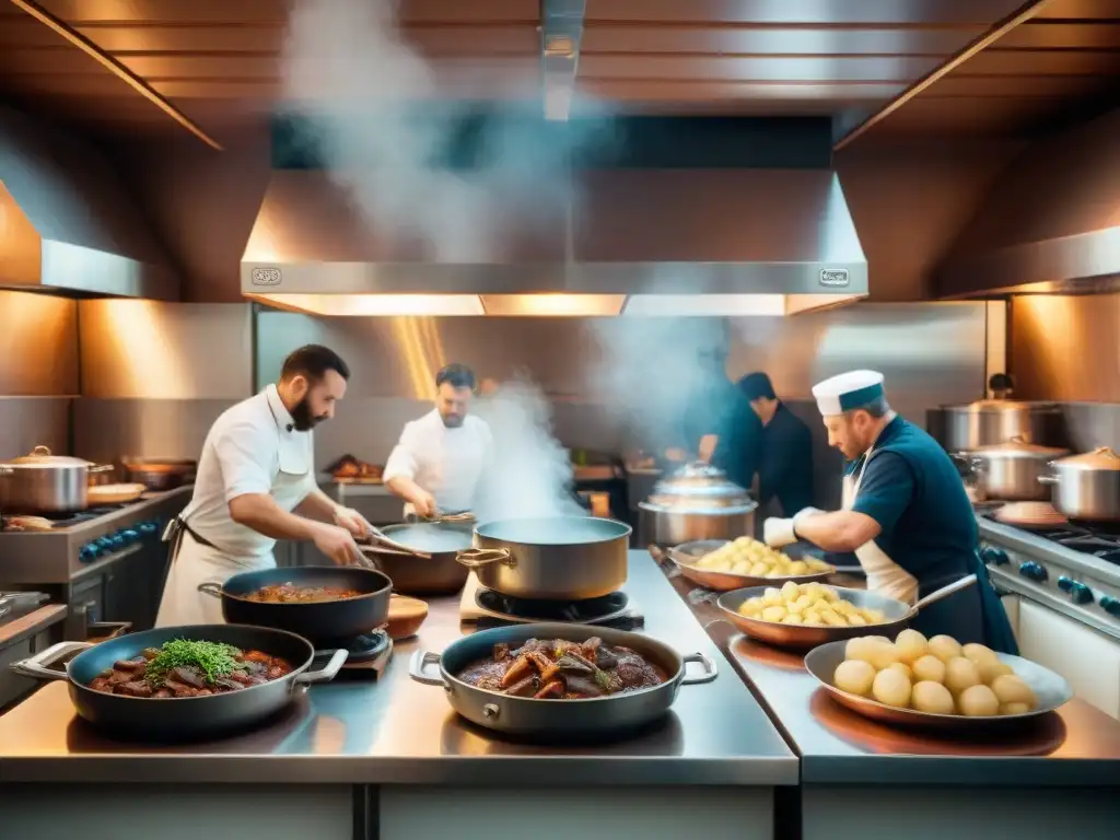 Escena vibrante en cocina de bistró francés durante servicio cena