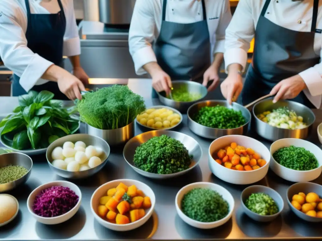 Una escena vibrante en una cocina francesa sostenible: chefs trabajando con precisión entre ingredientes frescos y utensilios de acero inoxidable