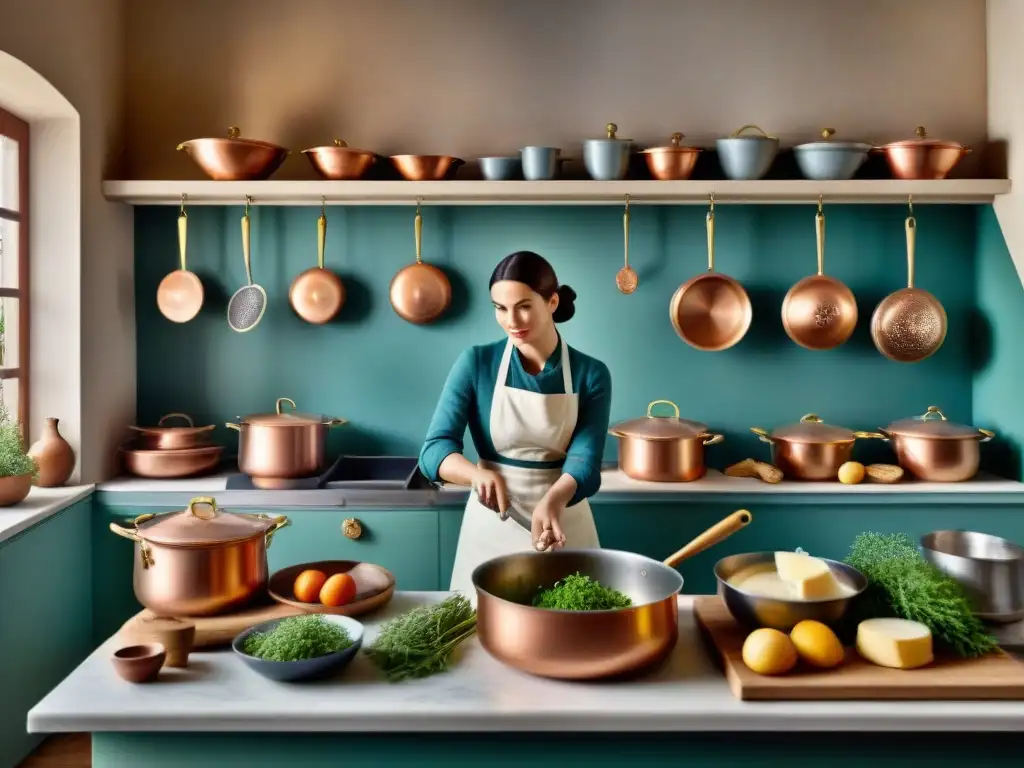 Una escena vibrante de cocina francesa del siglo XIX con chefs preparando recetas tradicionales gastronomía francesa