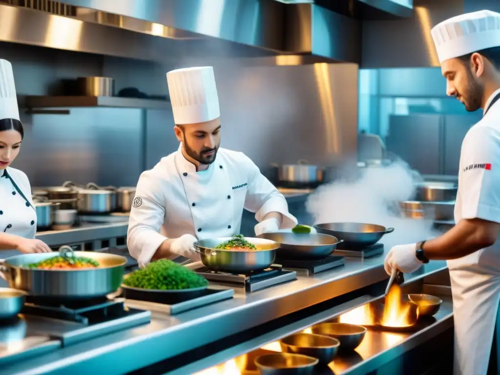 Una escena vibrante de cocina francesa con influencias italianas, chefs preparando platos fusionados