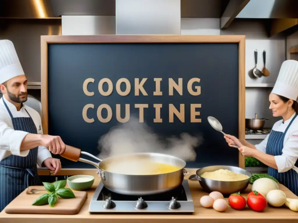 Una escena vibrante de cocina francesa con un chef enseñando a alumnos