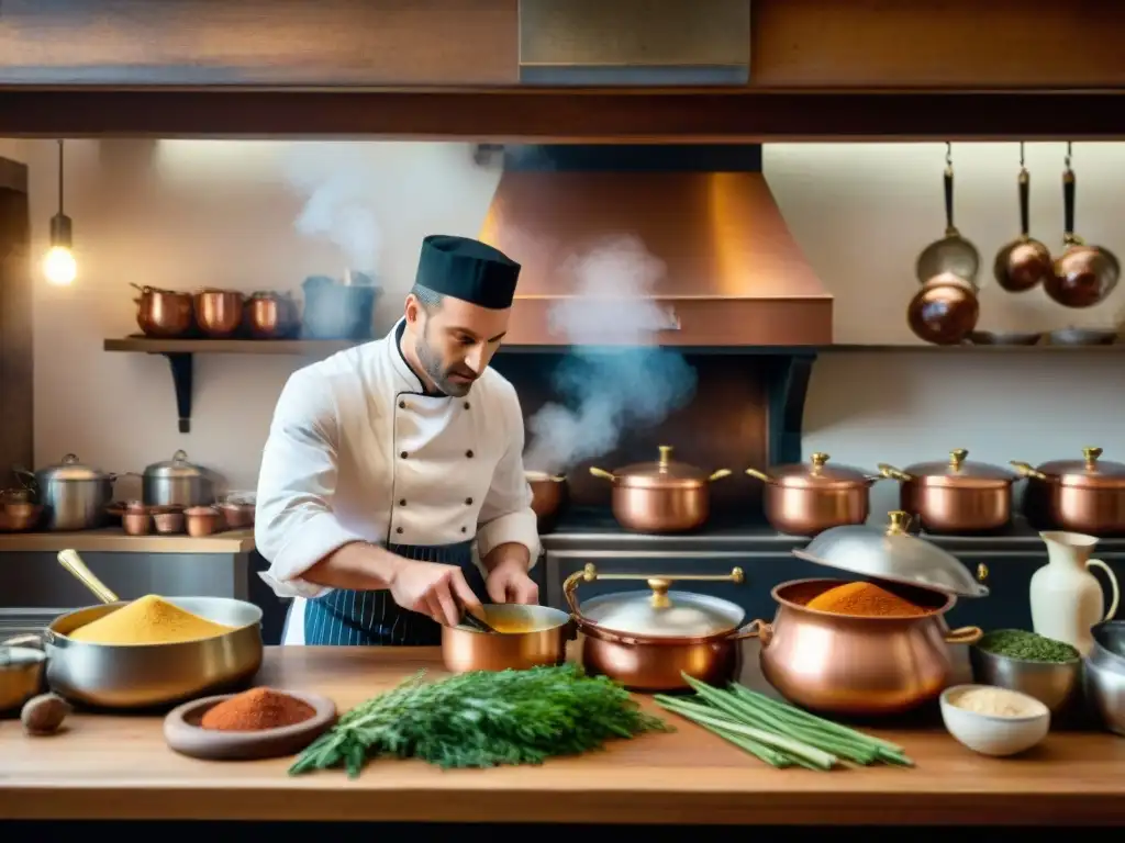 Escena vibrante en una cocina francesa tradicional: chef cortando ingredientes, ollas de cobre, estantes con especias