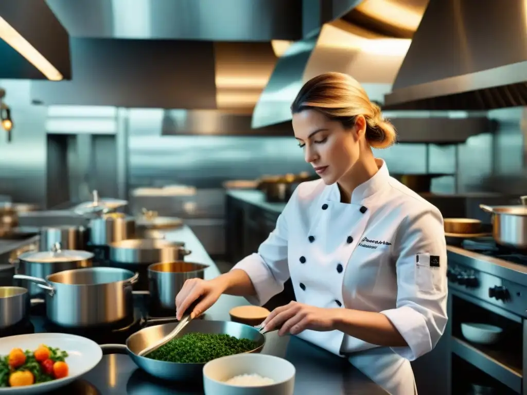 Una escena vibrante en la cocina de un restaurante francés con chefs mujeres, donde Chef Stéphanie Le Quellec destaca con elegancia y precisión