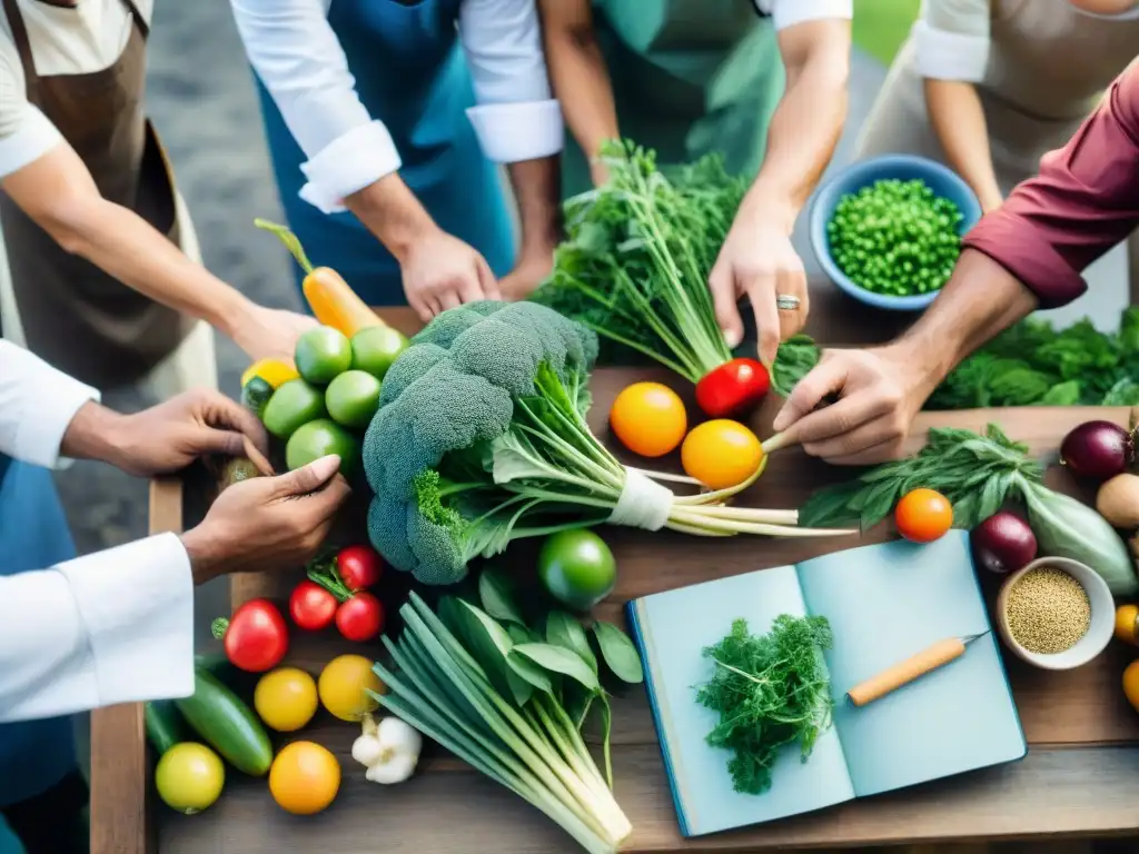 Una escena vibrante de colaboraciones entre chefs y agricultores en una mesa rústica llena de frutas, verduras y hierbas