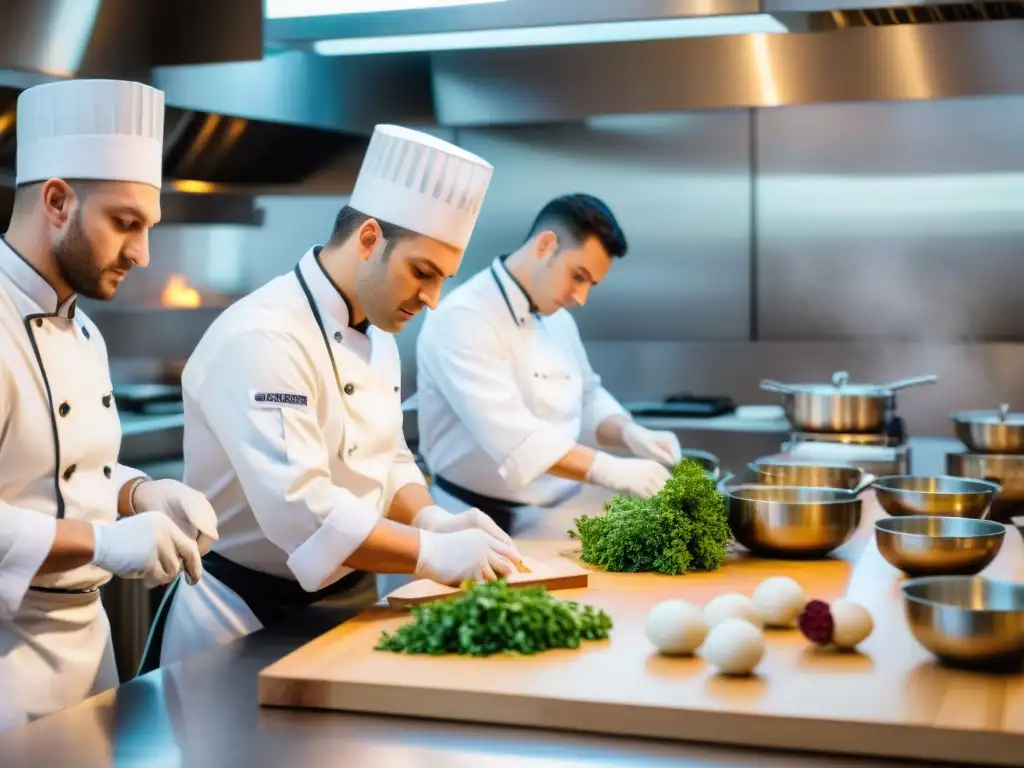 Una escena vibrante en una concurrida cocina de una prestigiosa escuela culinaria francesa