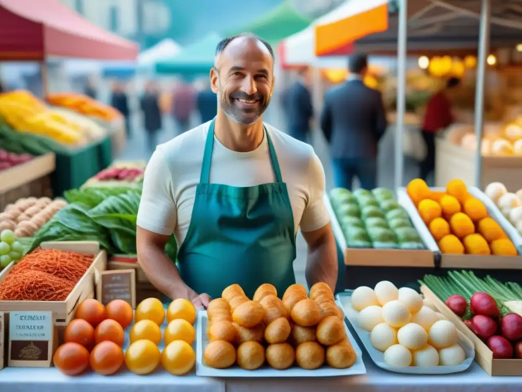 Una escena vibrante en un concurrido mercado francés, destacando platos innovadores de kimchi