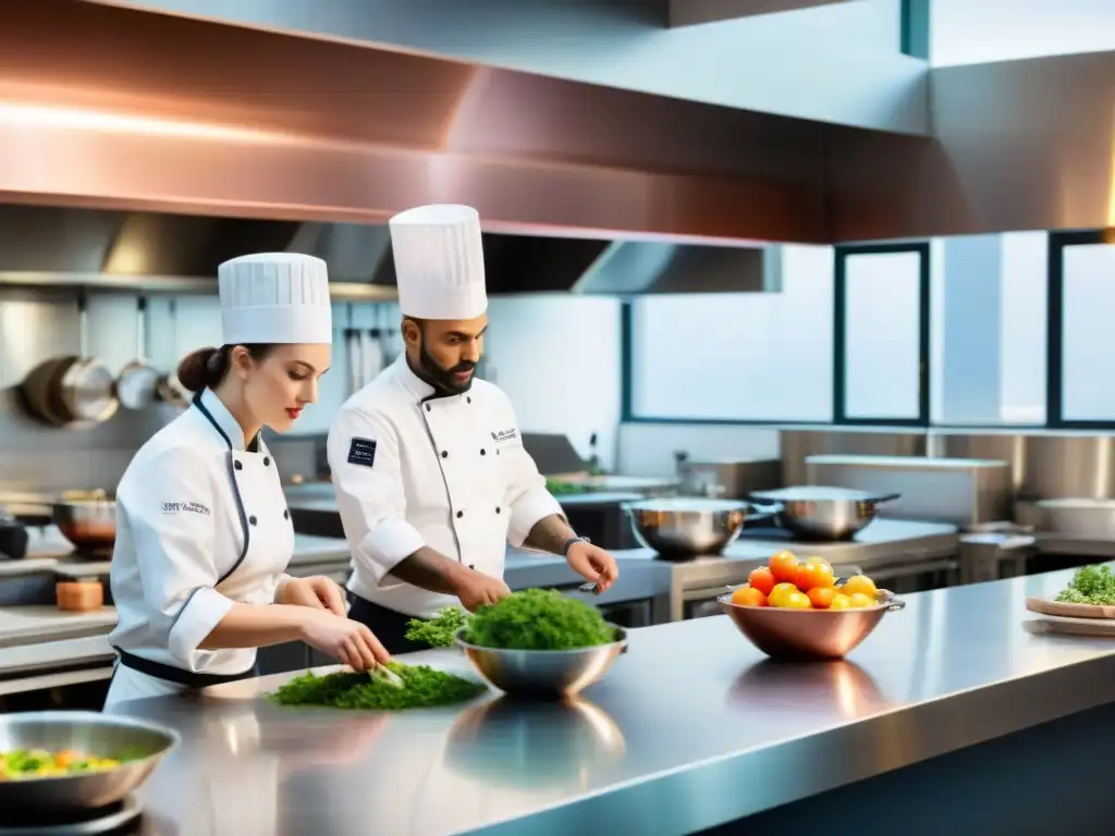 Una escena vibrante de enseñanza culinaria francesa innovadora en una prestigiosa escuela de cocina