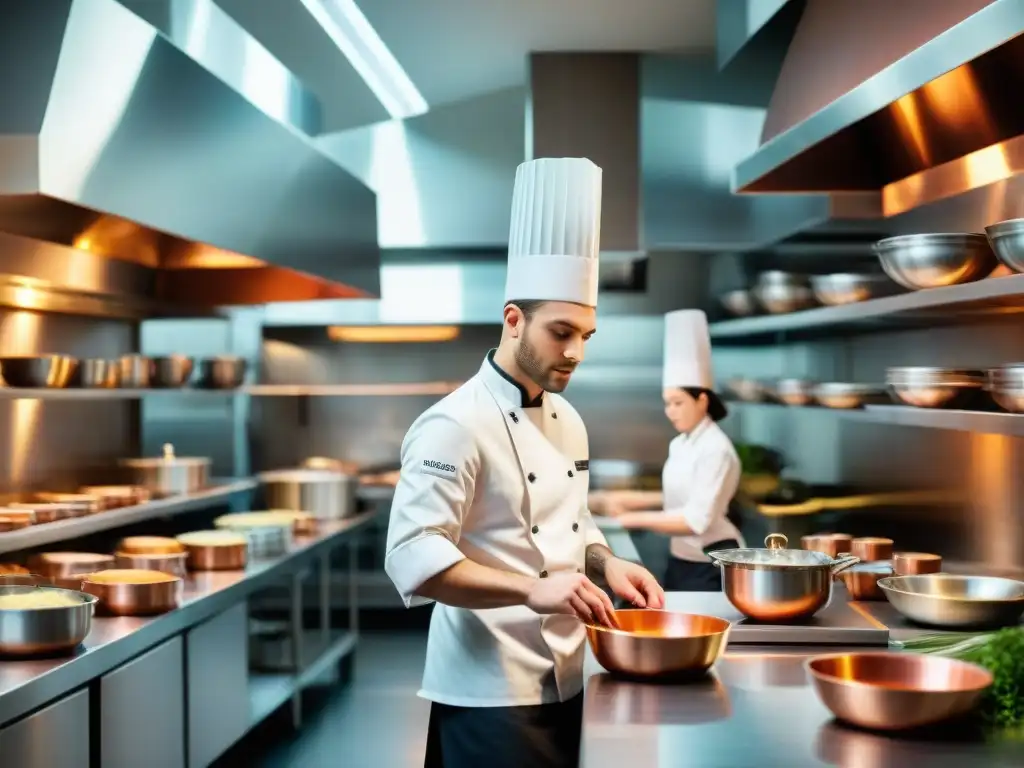 Una escena vibrante en una escuela de cocina francesa: estudiantes con uniformes de chef preparan platos bajo la atenta mirada de expertos