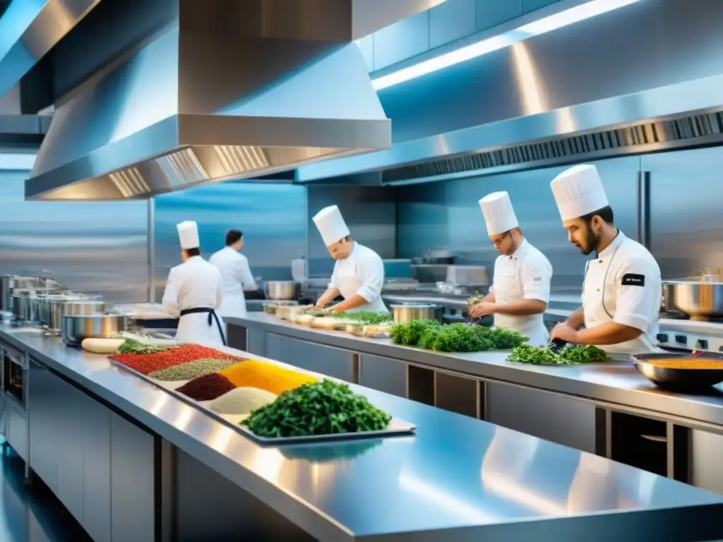 Una escena vibrante en una escuela de cocina en Francia: estudiantes diversos preparando platos en estaciones individuales