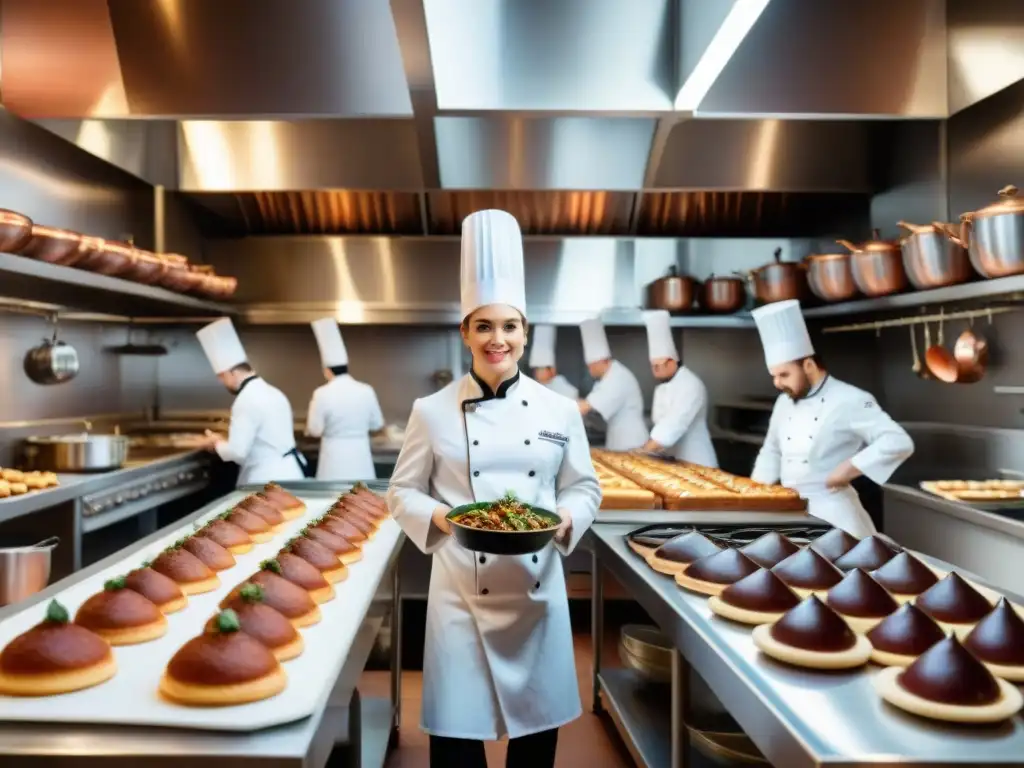 Escena vibrante en una escuela de cocina francesa con estudiantes en chaquetas blancas y toques, preparando platos clásicos