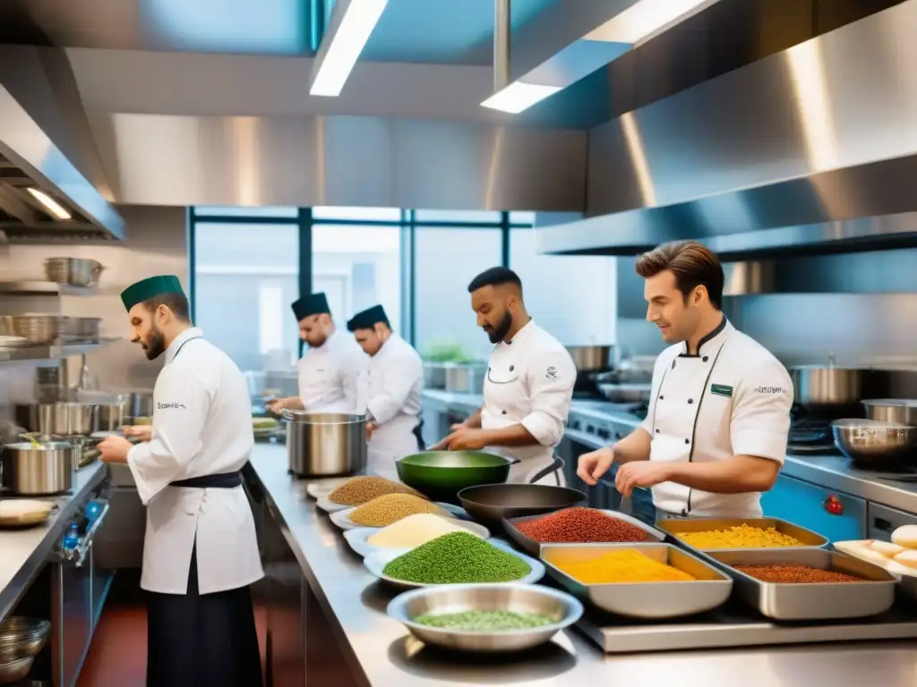 Una escena vibrante en una escuela culinaria francesa, donde estudiantes de todo el mundo preparan platos fusionando sabores y técnicas