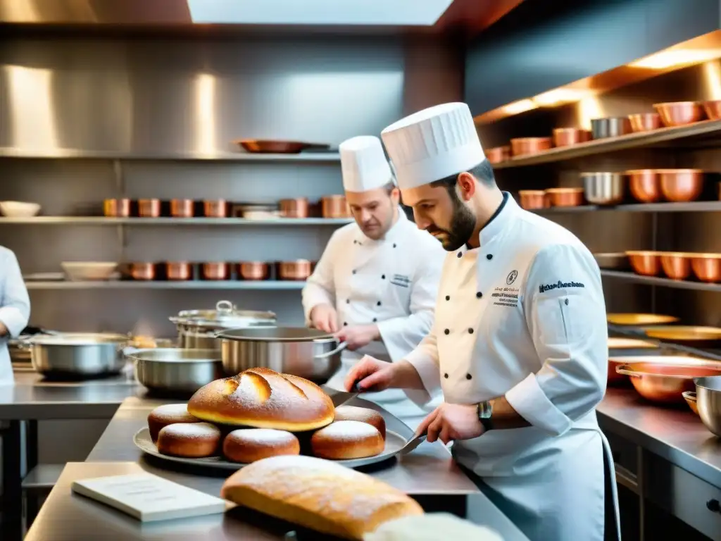 Escena vibrante en una escuela culinaria francesa con chefs en formación y un instructor