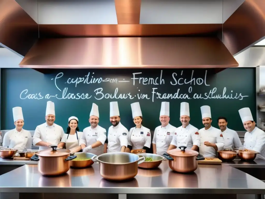 Escena vibrante de una escuela culinaria francesa con chefs preparando platos clásicos