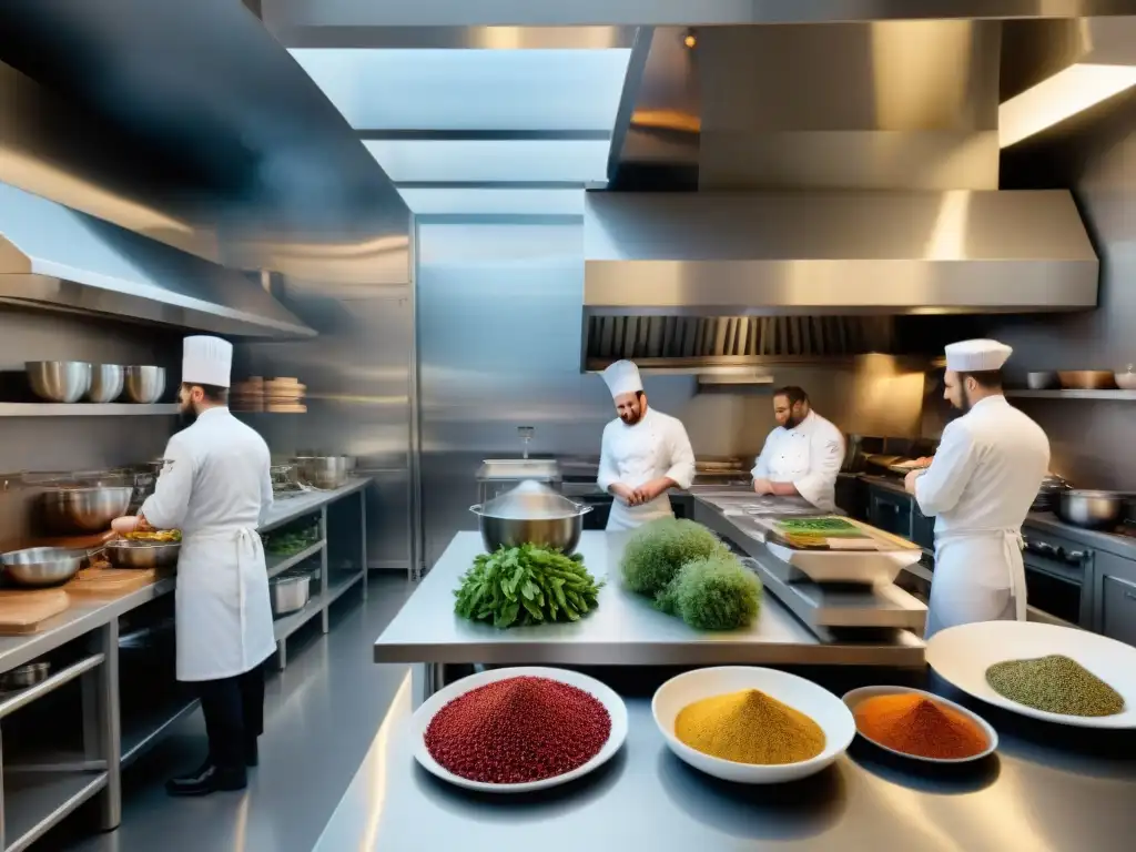 Una escena vibrante en una escuela culinaria francesa, donde estudiantes de todo el mundo colaboran en platos tradicionales con un toque moderno, reflejando la globalización en la gastronomía