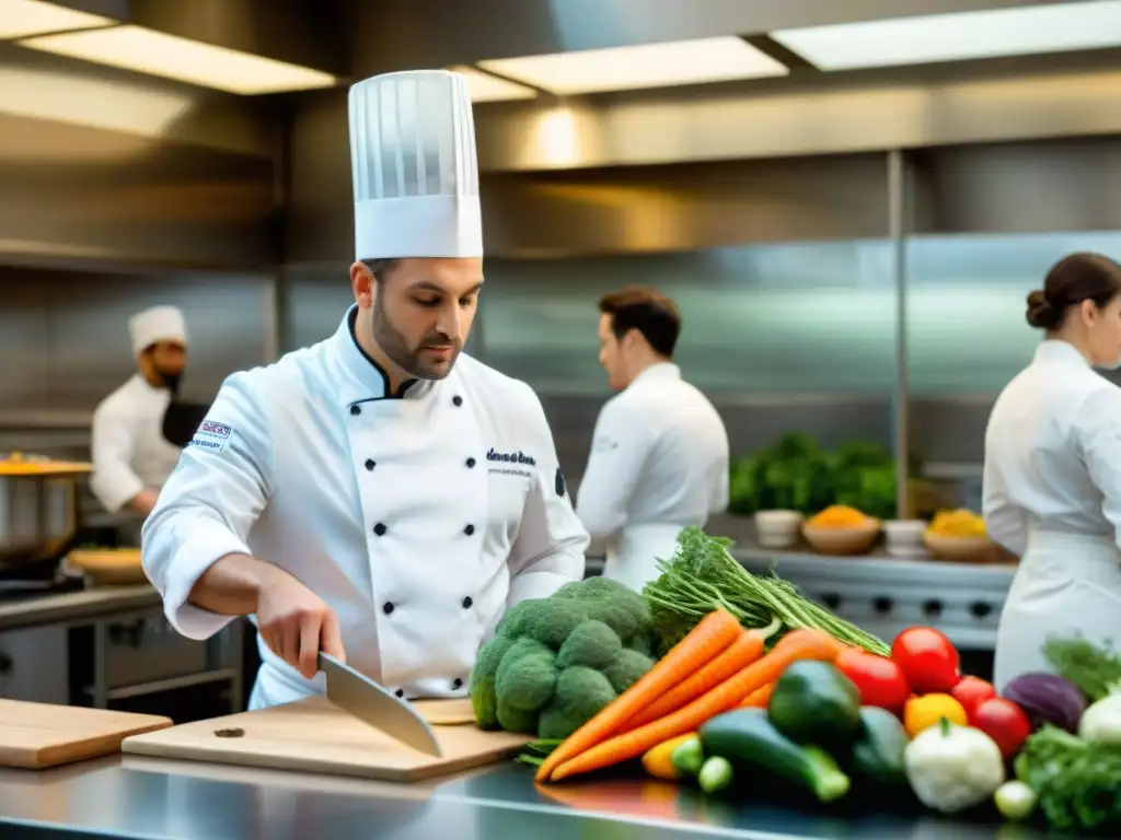 Una escena vibrante en una escuela francesa de cocina, con estudiantes atentos a una demostración de habilidades culinarias