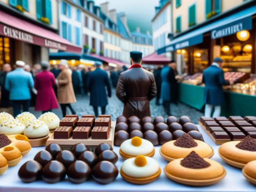 Escena vibrante en un festival de chocolate francés con tiendas especializadas y chefs creando exquisitas delicias de chocolate