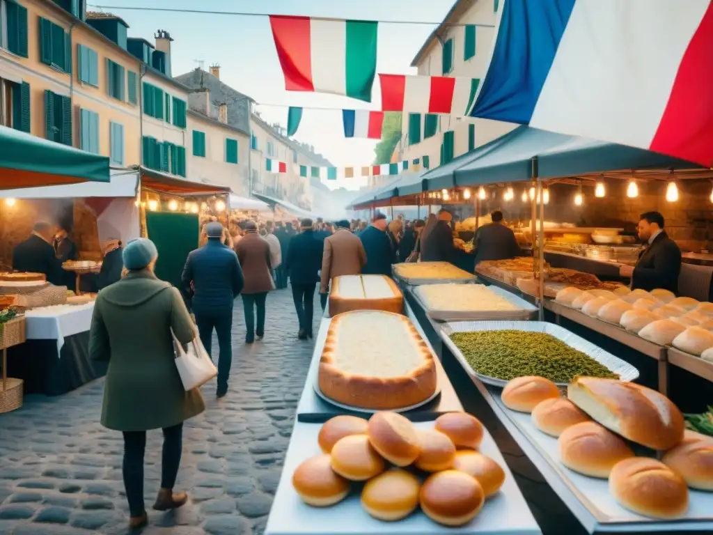 Escena vibrante de festival de comida francoitaliana con coloridos puestos gastronómicos y multitudes disfrutando del evento