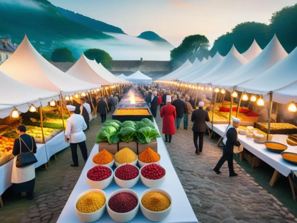 Escena vibrante de un festival gastronómico en Francia, con chefs, visitantes y delicias culinarias en coloridos puestos de mercado