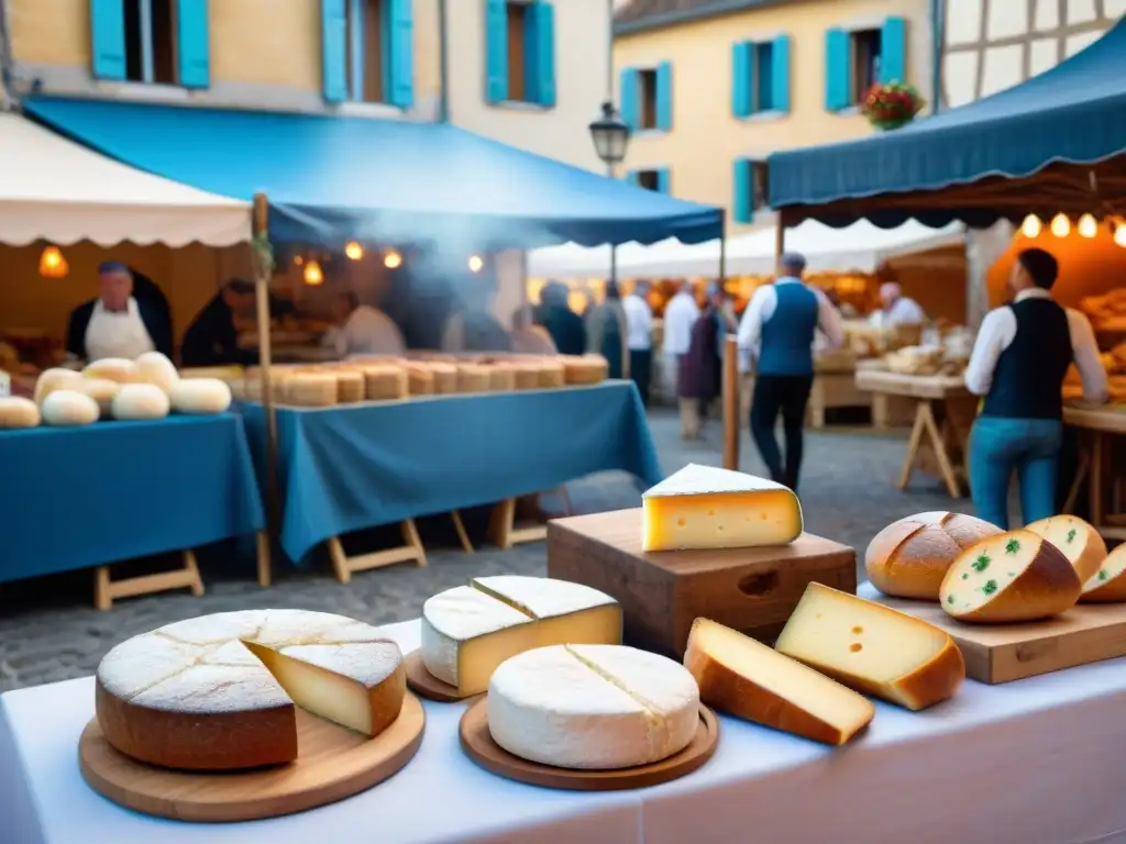 Escena vibrante de festival gastronómico en Francia: puestos coloridos, quesos artesanales, pan recién horneado y productos locales