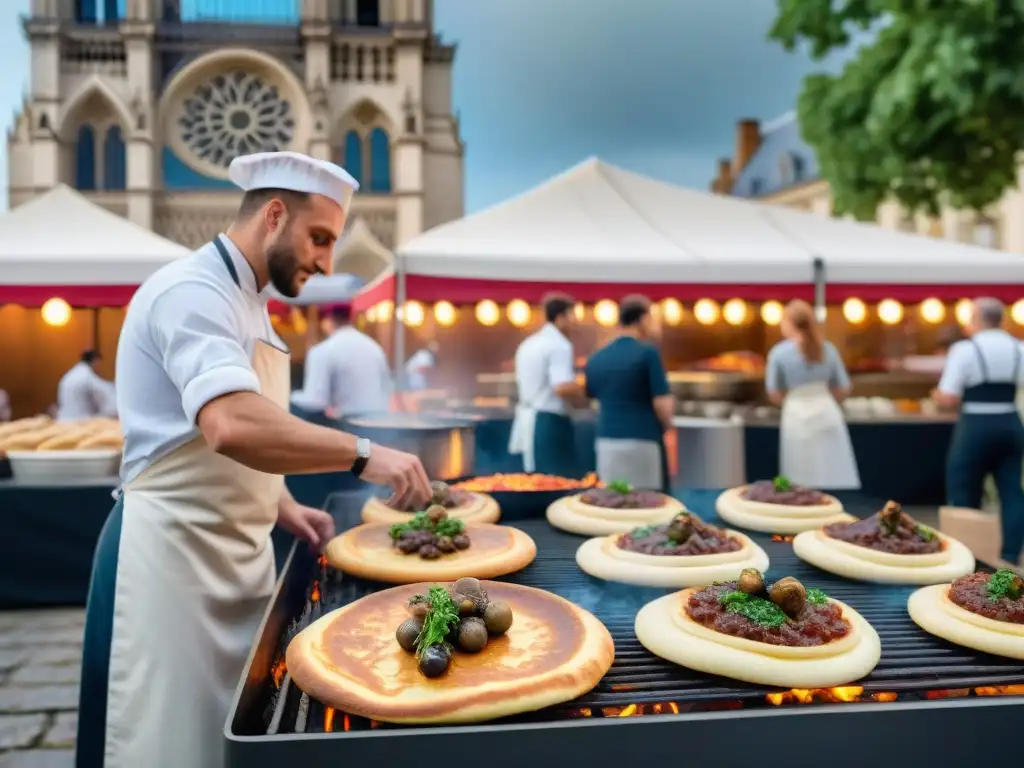 Escena vibrante de festival gastronómico francés con recetas tradicionales, chef preparando crepes rodeado de curiosos