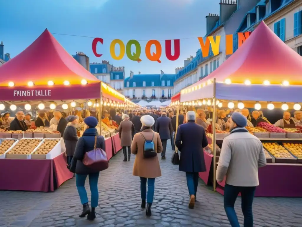 Escena vibrante de festival gastronómico francés, colores y alegría en el aire