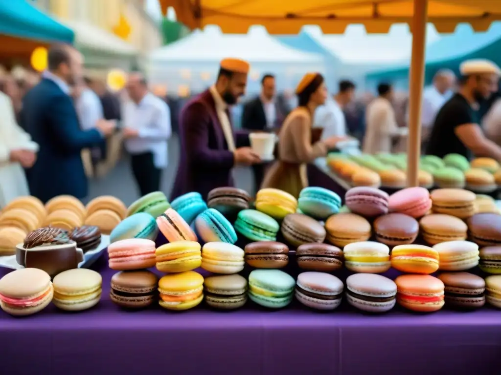 Escena vibrante de festival de postres franceses con macarons, pasteles y chocolates, festivales postres dulces gastronomía francesa