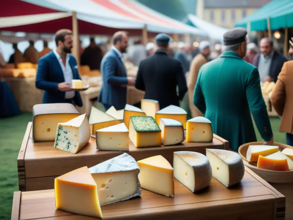 'Escena vibrante del Festival Quesos Normandía, con variedad de quesos artesanales bajo coloridos toldos, visitantes degustando, gastronomía francesa