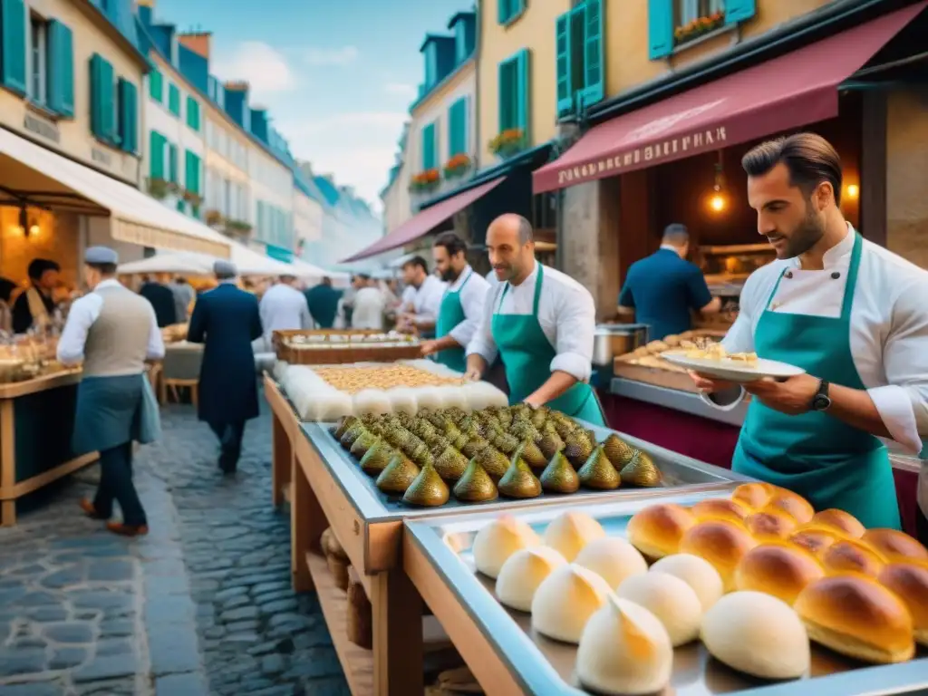 Escena vibrante de festivales gastronómicos en Francia: coloridos puestos de comida, delicias gourmet y bullicio de gente