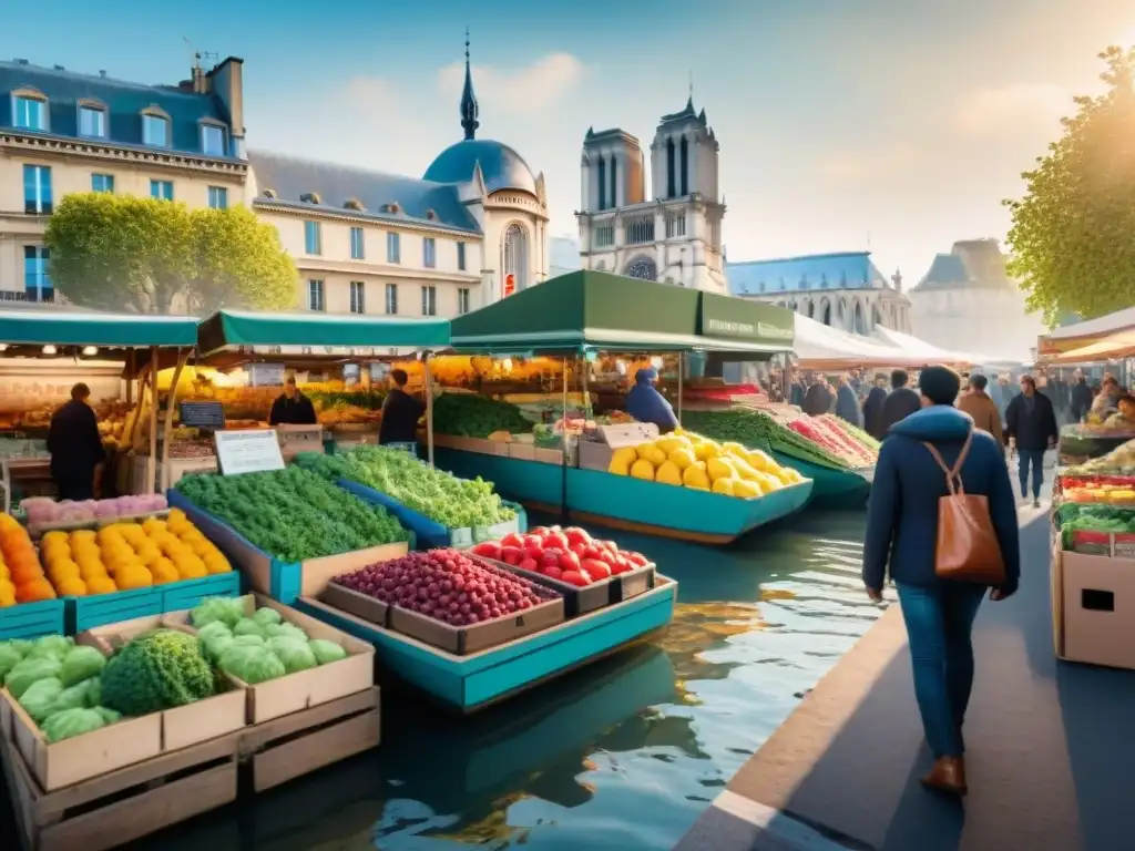 Escena vibrante en el Marché Flottant de París: barcos coloridos con productos frescos, multitud de compradores y vendedores