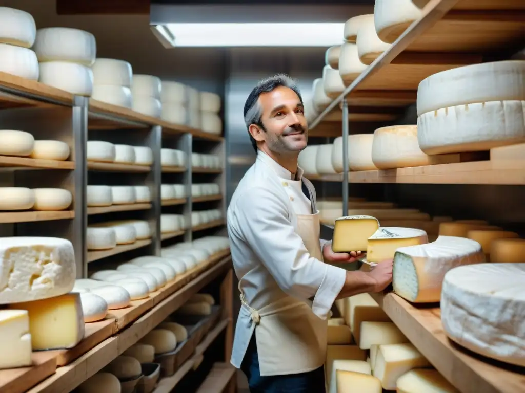 Escena vibrante en una fromagerie francesa, con quesos icónicos y artesanos expertos creando Brie, Camembert y Roquefort