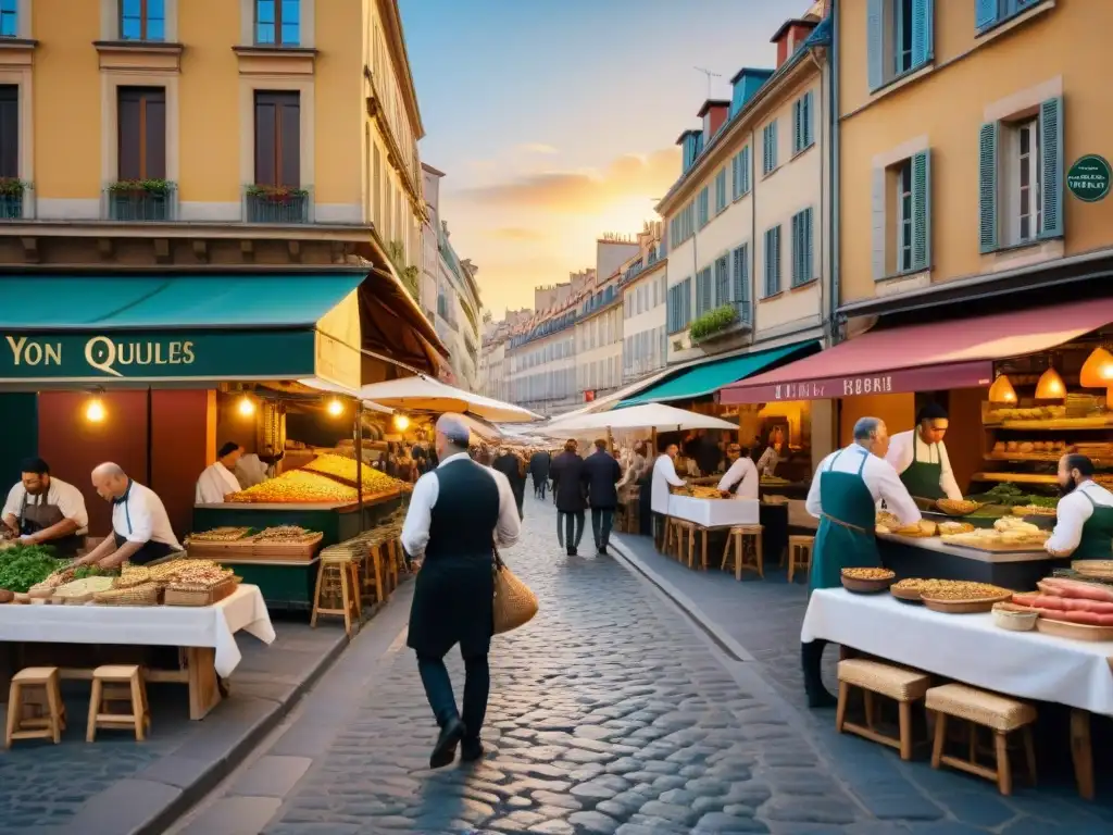 Una escena vibrante de la gastronomía francesa tradicional innovadora en Lyon: chefs preparando platos icónicos bajo la cálida luz del atardecer