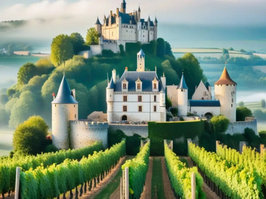 Una escena vibrante de la gastronomía francesa en el mercado tradicional frente a un majestuoso castillo medieval en los viñedos de la Loira