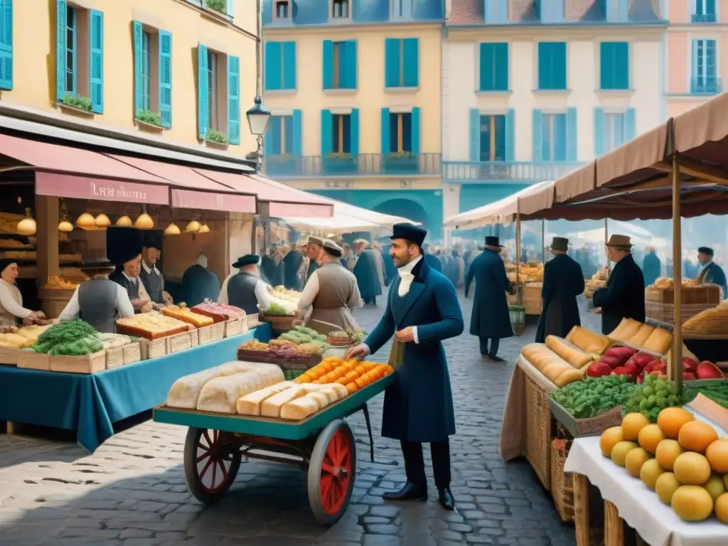 Escena vibrante de la gastronomía francesa del siglo XIX: mercado lleno de vida con baguettes, frutas, quesos y elegantes vendedores y compradores