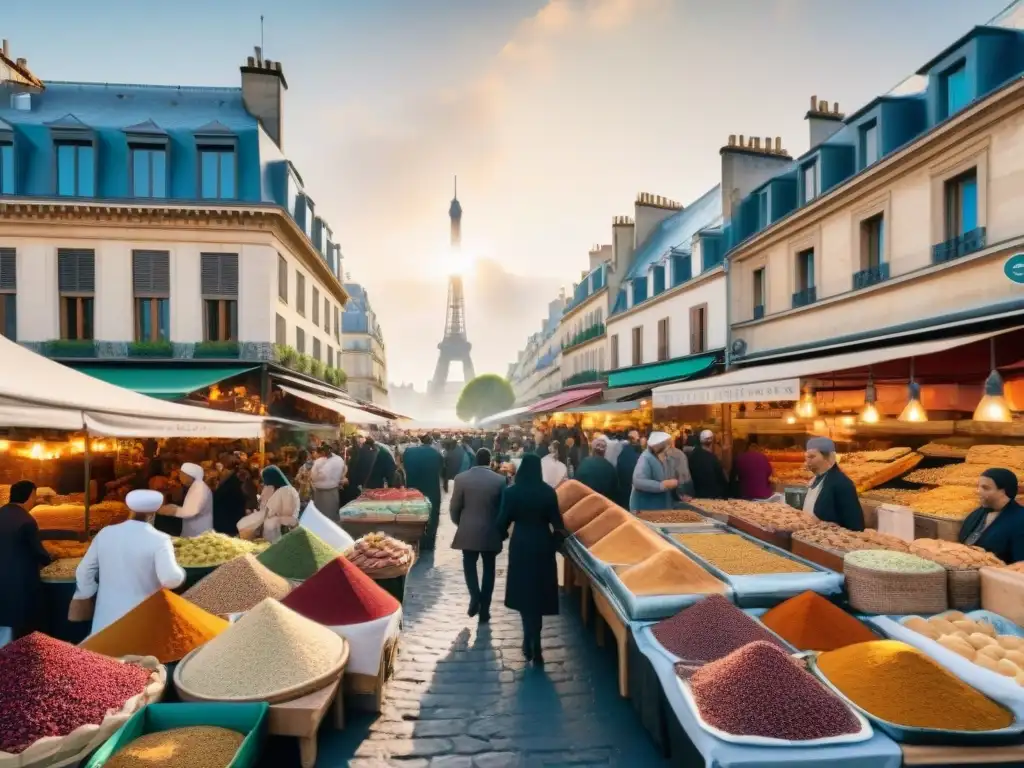 Escena vibrante de la fusión gastronómica árabe en Francia, con mercados bulliciosos y sabores tradicionales