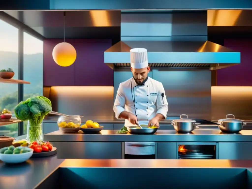 Escena vibrante de innovaciones culinarias gastronomía francesa en una cocina moderna llena de actividad creativa