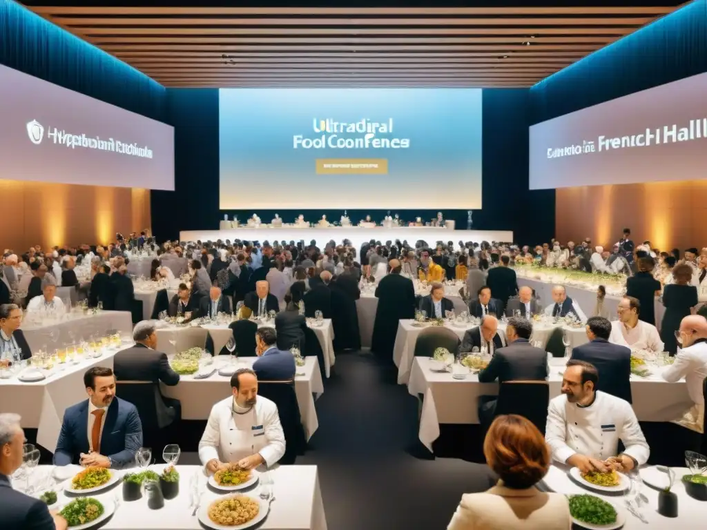 Una escena vibrante de intercambio culinario en una conferencia de cocina francesa internacional, enriqueciendo paladares con innovación gastronómica